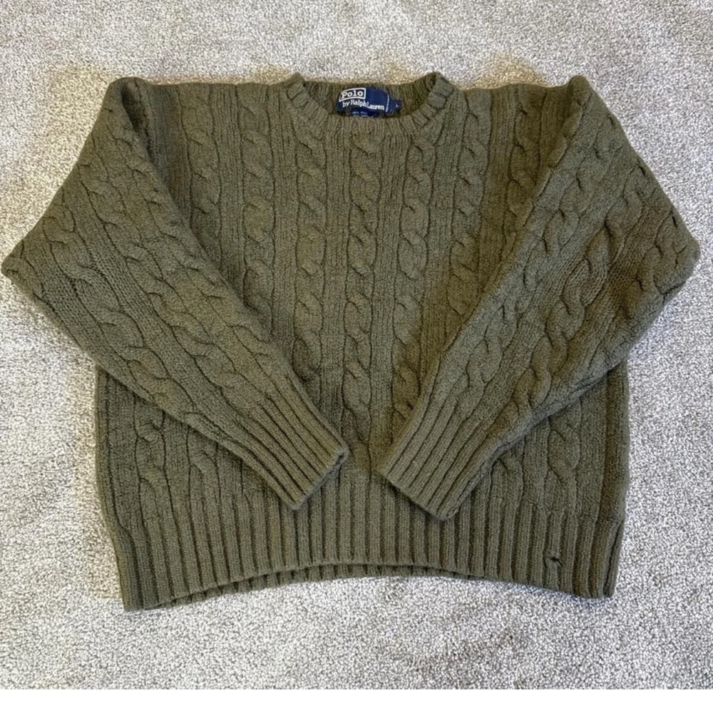 Vintage Ralph Lauren Cable Knit Sweater Women's Large Olive Wool Blen